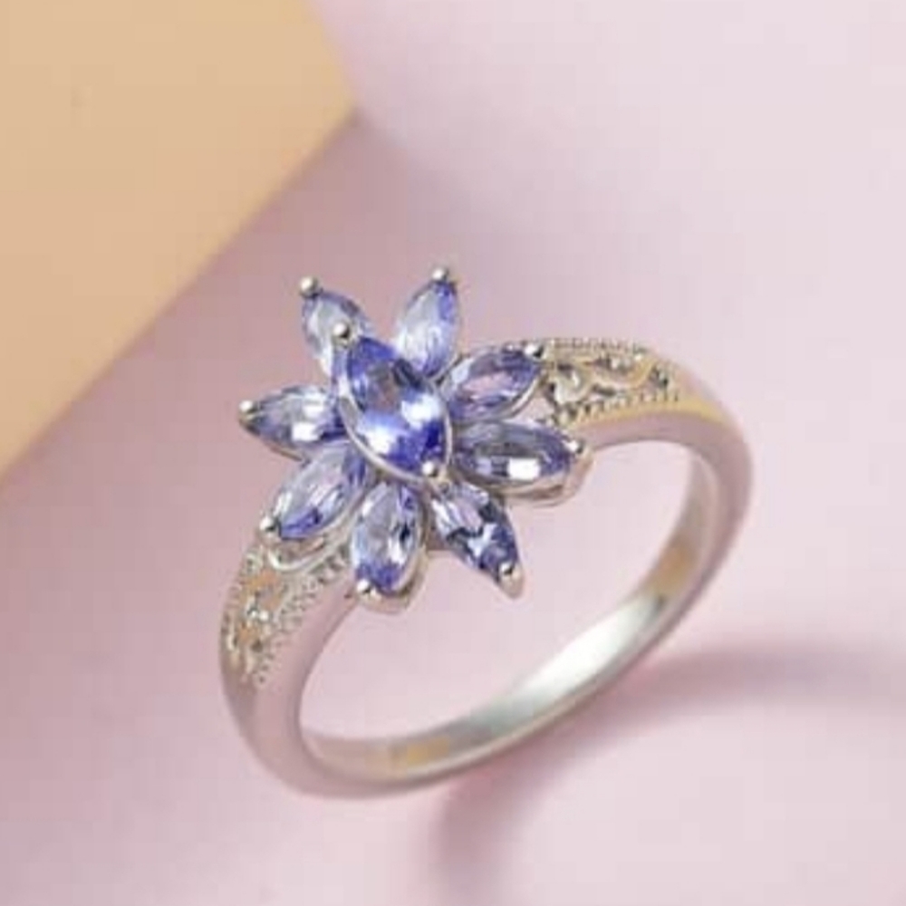 Natural Floral Design Tanzanite Ring Platinum over Sterling Silver Size 8! 🦋 - Picture 4 of 7